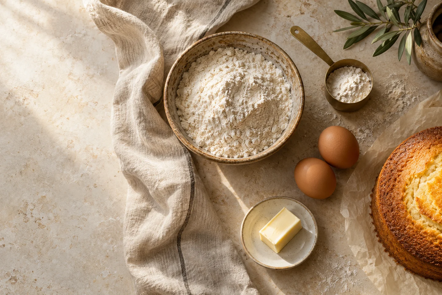 Flour, two eggs, butter and a golden cake on an ivory baking workbench