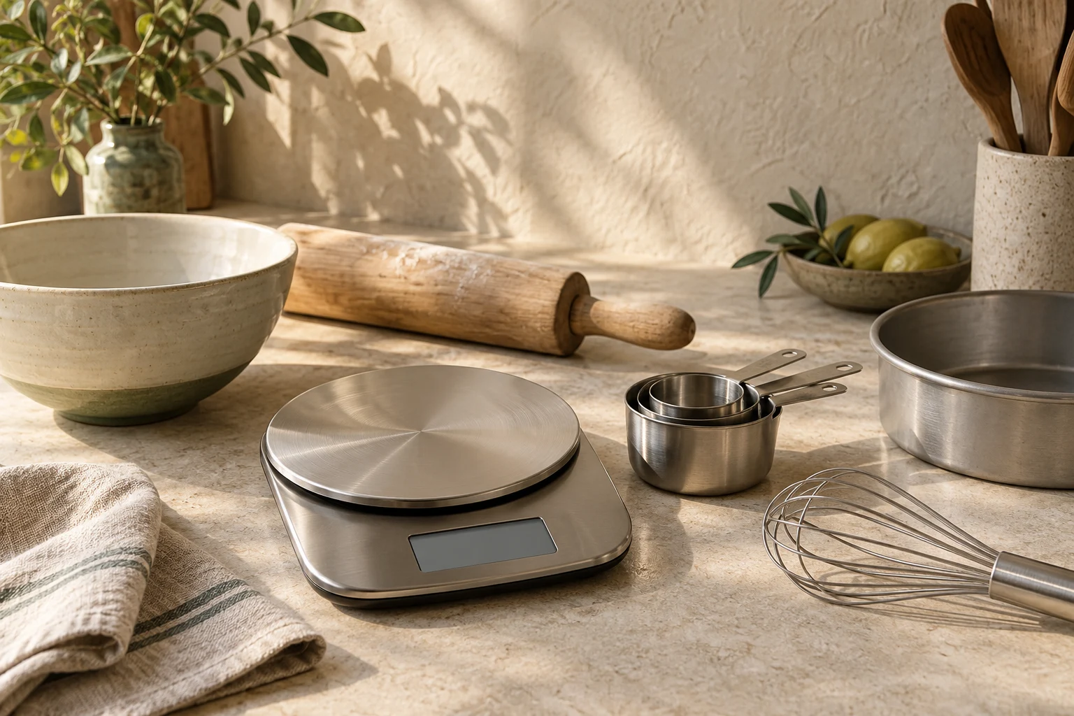 Generic unbranded measuring tools, a mixing bowl and a baking pan in a sunlit kitchen